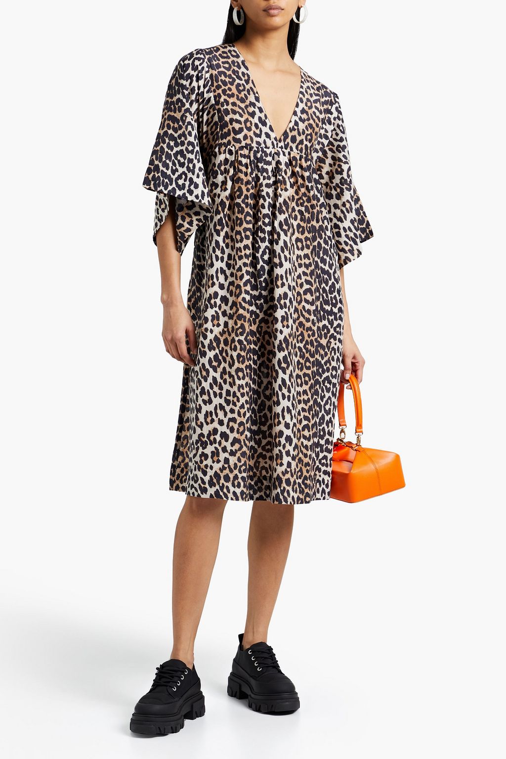 GANNI Pleated leopard-print cotton and silk-blend voile dress