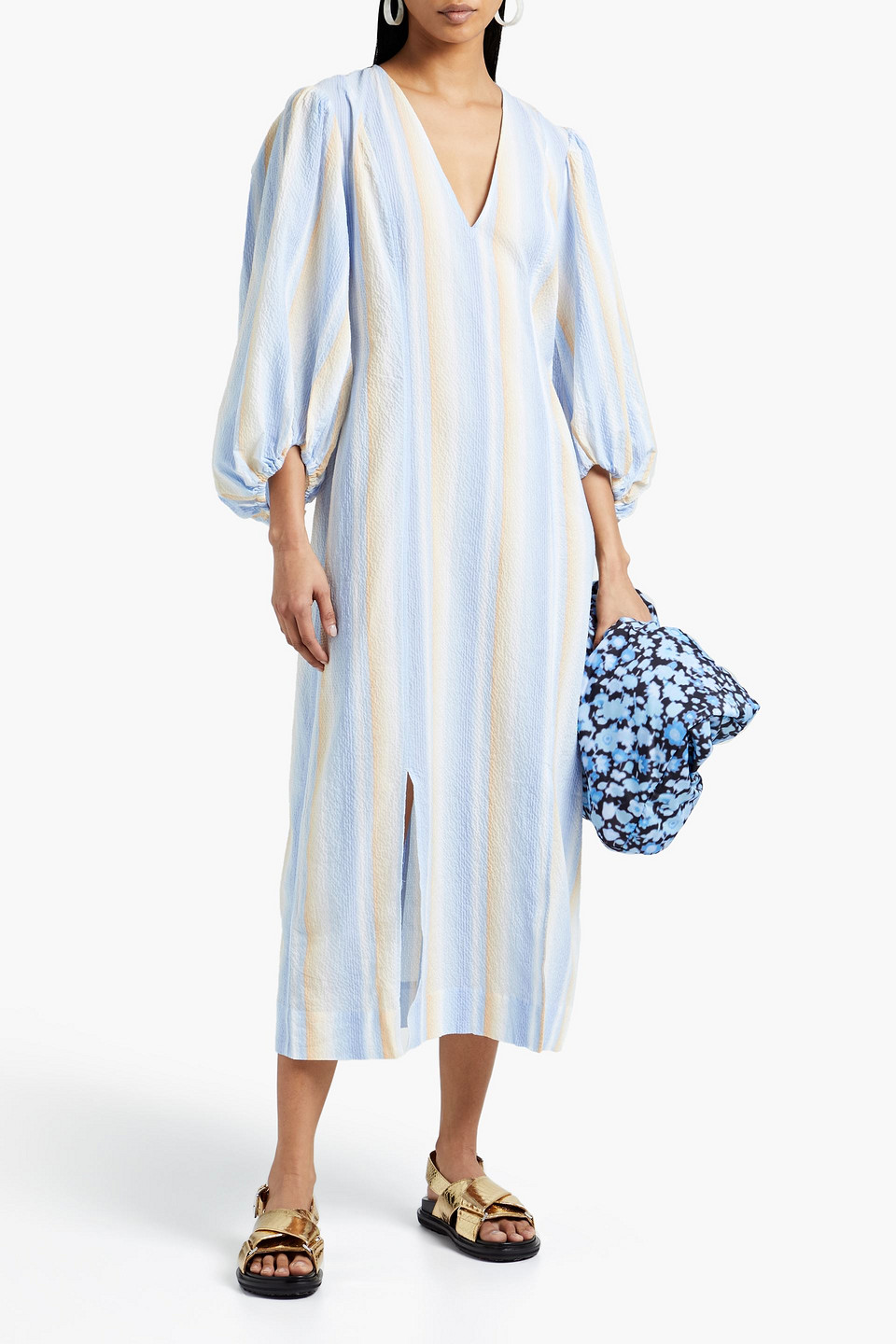 Ganni Striped Cotton-blend Seersucker Midi Dress In Light Blue