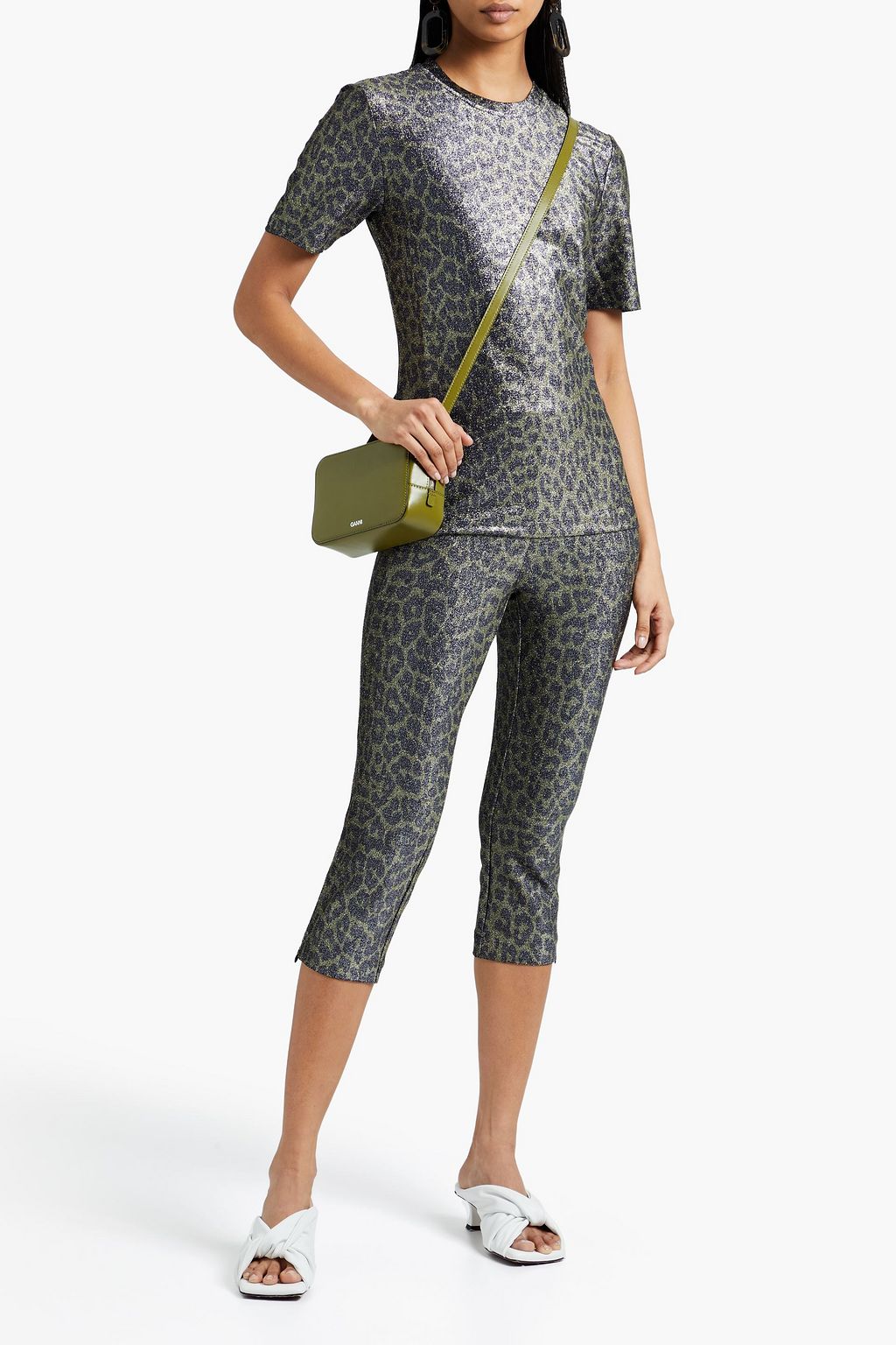 GANNI Cropped metallic leopard-print stretch-jersey leggings