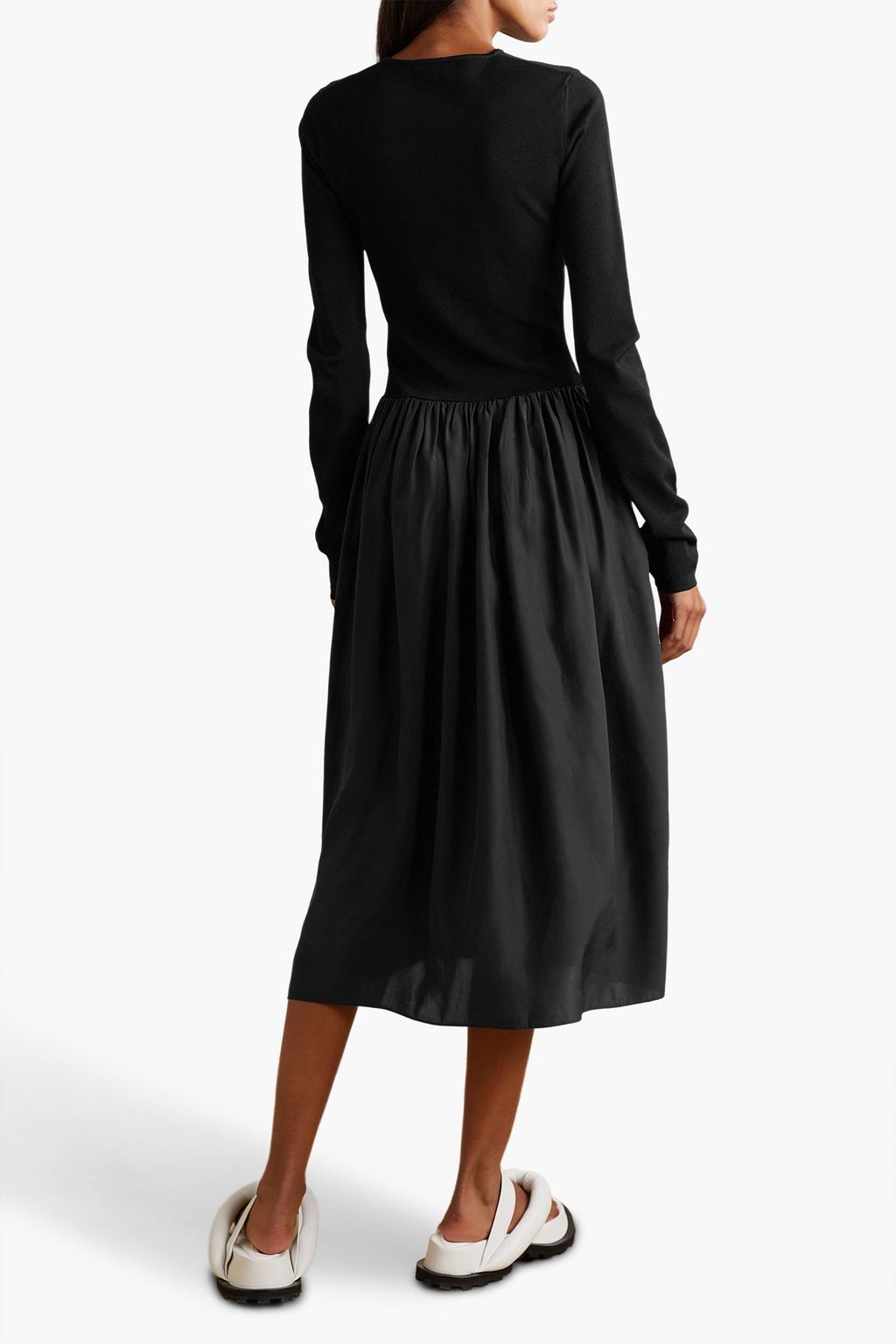 STELLA MCCARTNEY Cutout stretch-knit and gathered silk-satin midi dress