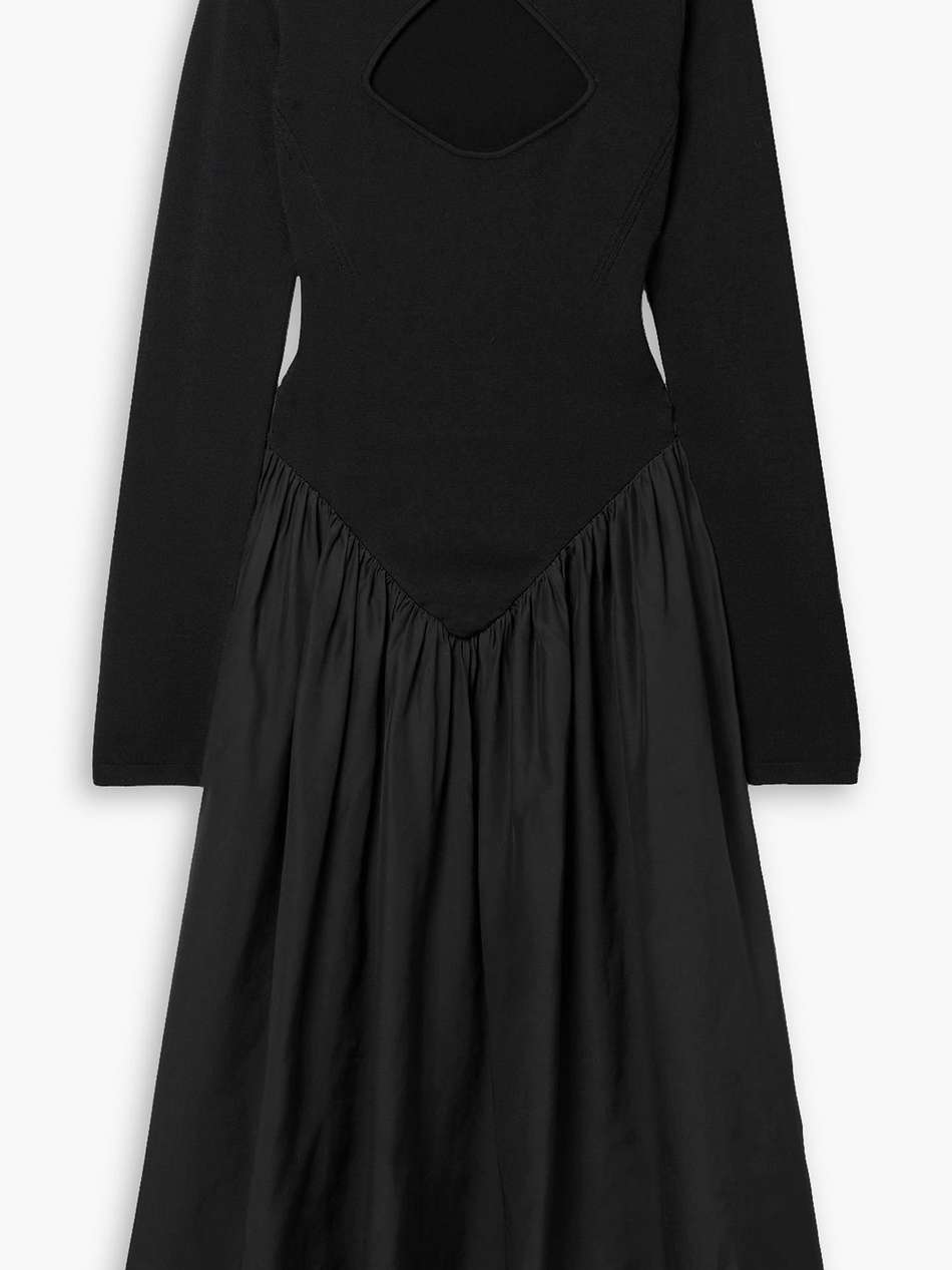 cutout stretch-knit and gathered silk-satin midi dress