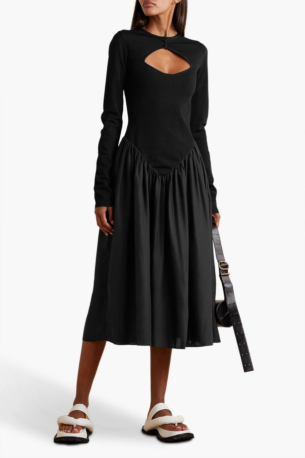 STELLA MCCARTNEY Cutout stretch-knit and gathered silk-satin midi dress