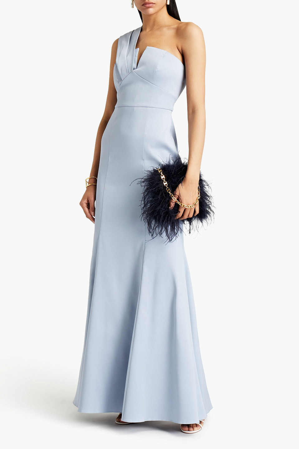 Aidan Mattox One-shoulder Pleated Stretch-twill Gown In Light Blue