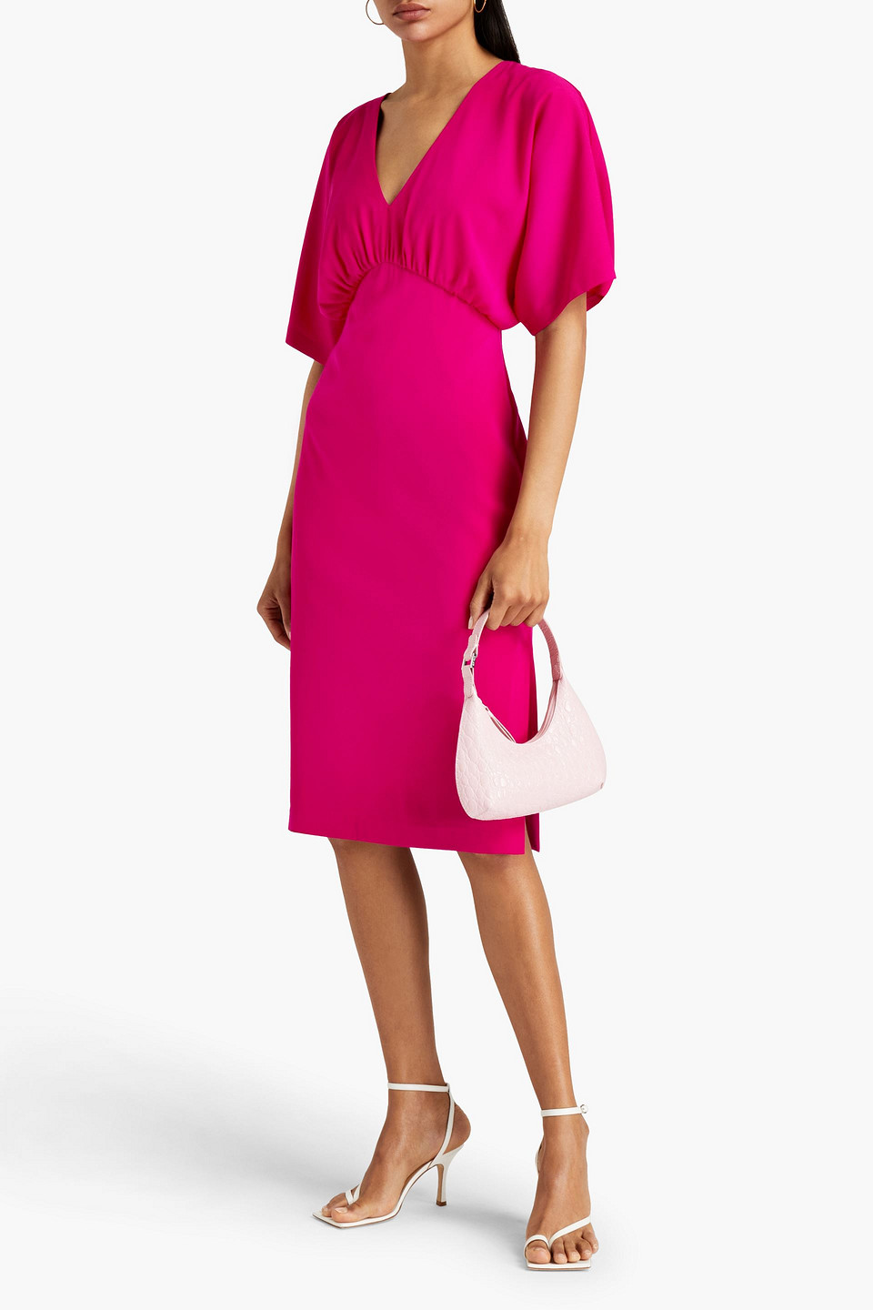 Shop Aidan Mattox Gathered Stretch-crepe Midi Dress In Fuchsia