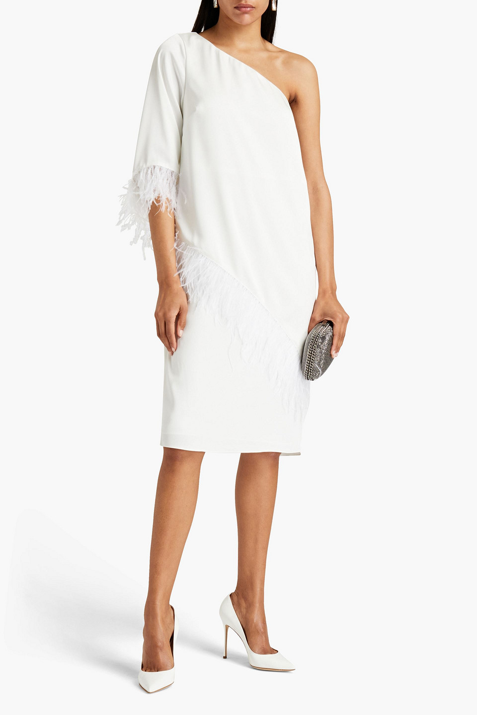 AIDAN MATTOX ONE-SHOULDER FEATHER-TRIMMED SATIN-CREPE DRESS,3074457345630270324