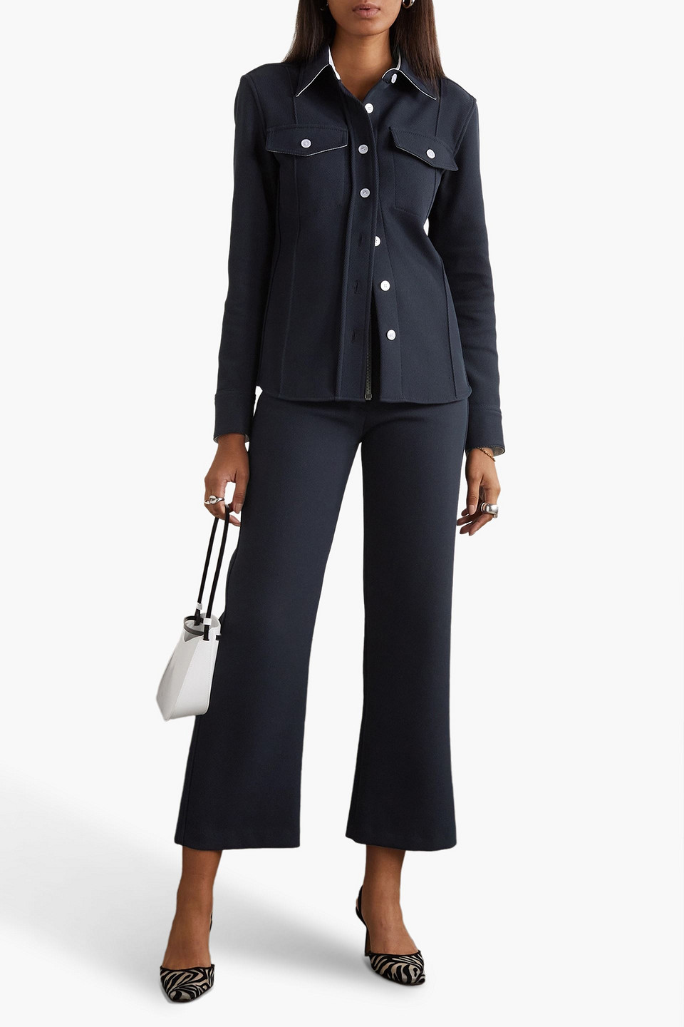 Shop Meryll Rogge Zip-detailed Cotton-blend Gabardine Straight-leg Pants In Navy