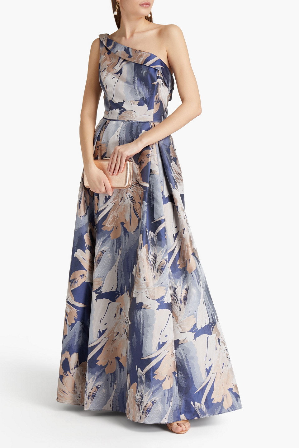 Aidan Mattox One-shoulder Pleated Floral-jacquard Gown In Light Blue