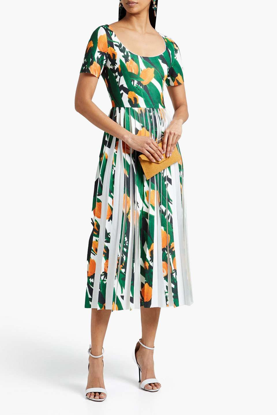 Carolina Herrera Pleated Floral-print Knitted Midi Dress In White