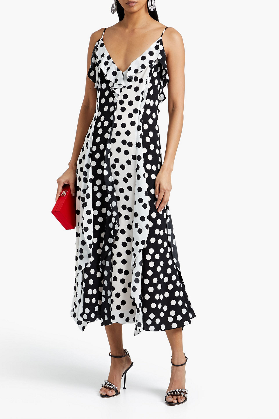 Carolina Herrera Ruffled Polka-dot Crepe Midi Dress In Black