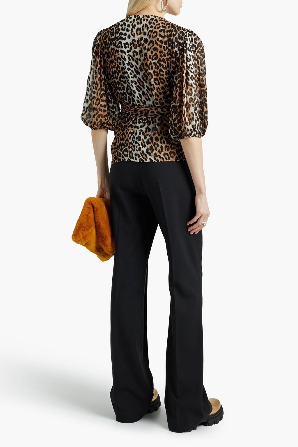 GANNI Leopard-print chiffon wrap blouse