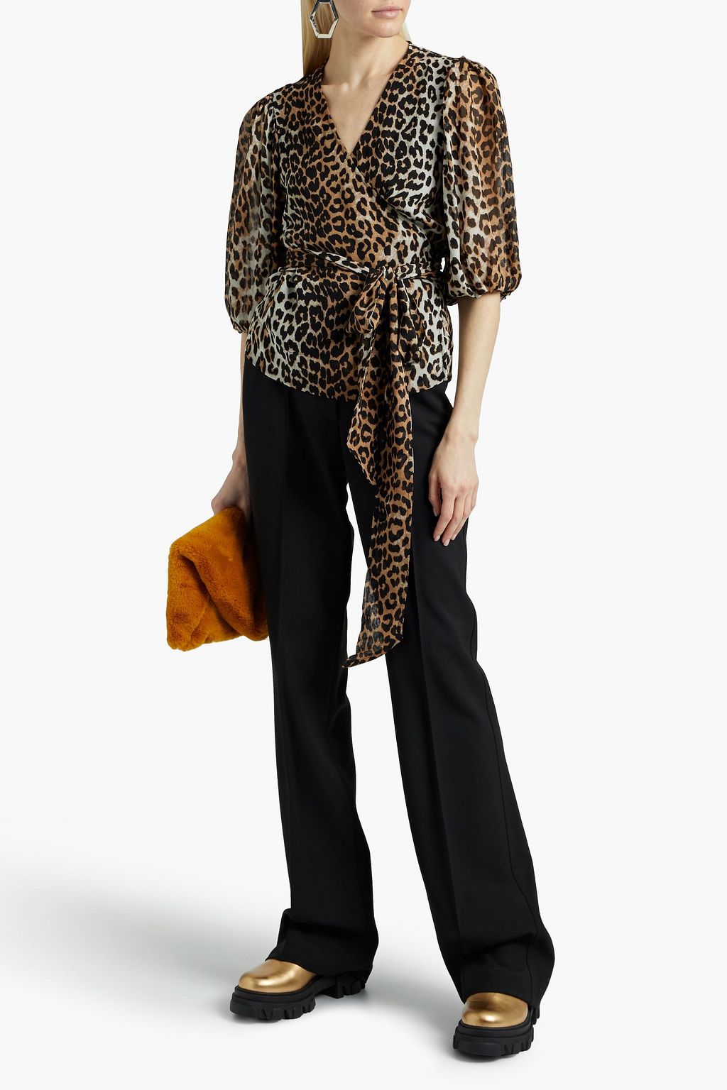 GANNI Leopard-print chiffon wrap blouse