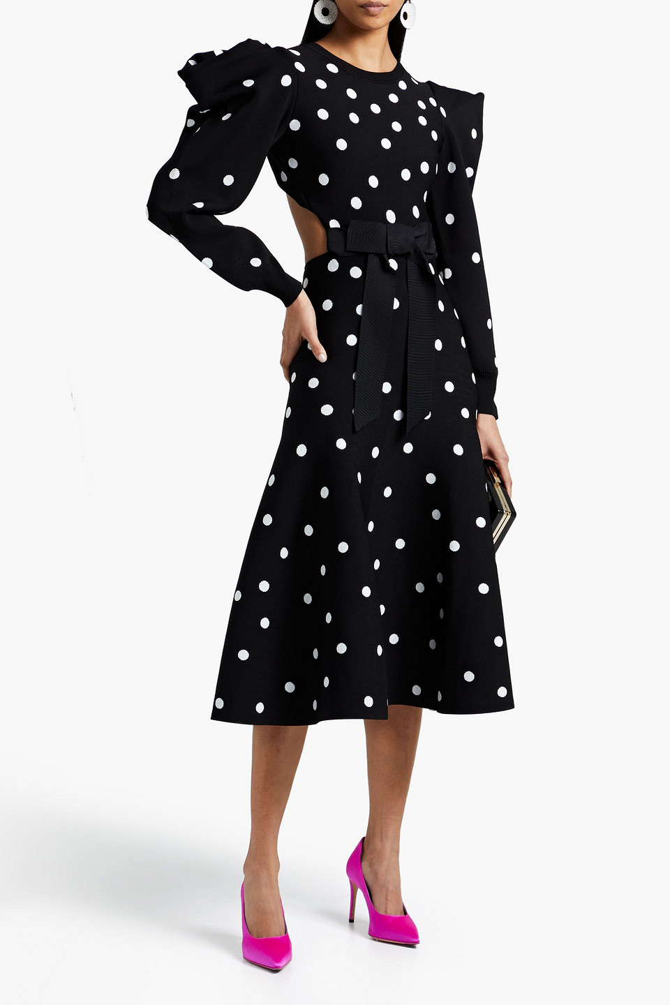 Carolina Herrera Cutout Polka-dot Jacquard-knit Midi Dress In Black
