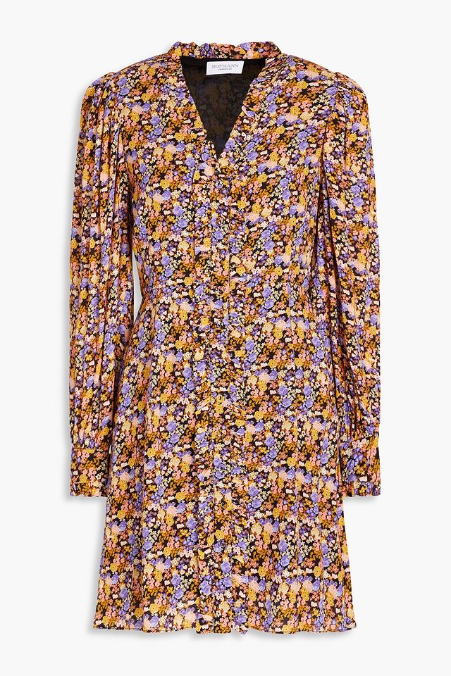 Gathered floral-print crepe mini dress
