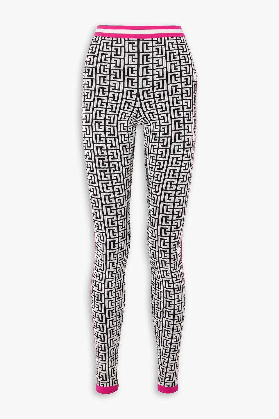 Balmain Side-stripe Monogram Knit Leggings In Black