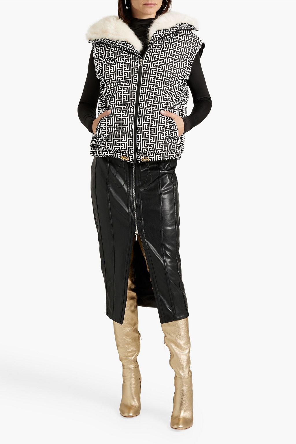 BALMAIN Faux fur-trimmed quilted logo-print shell hooded vest