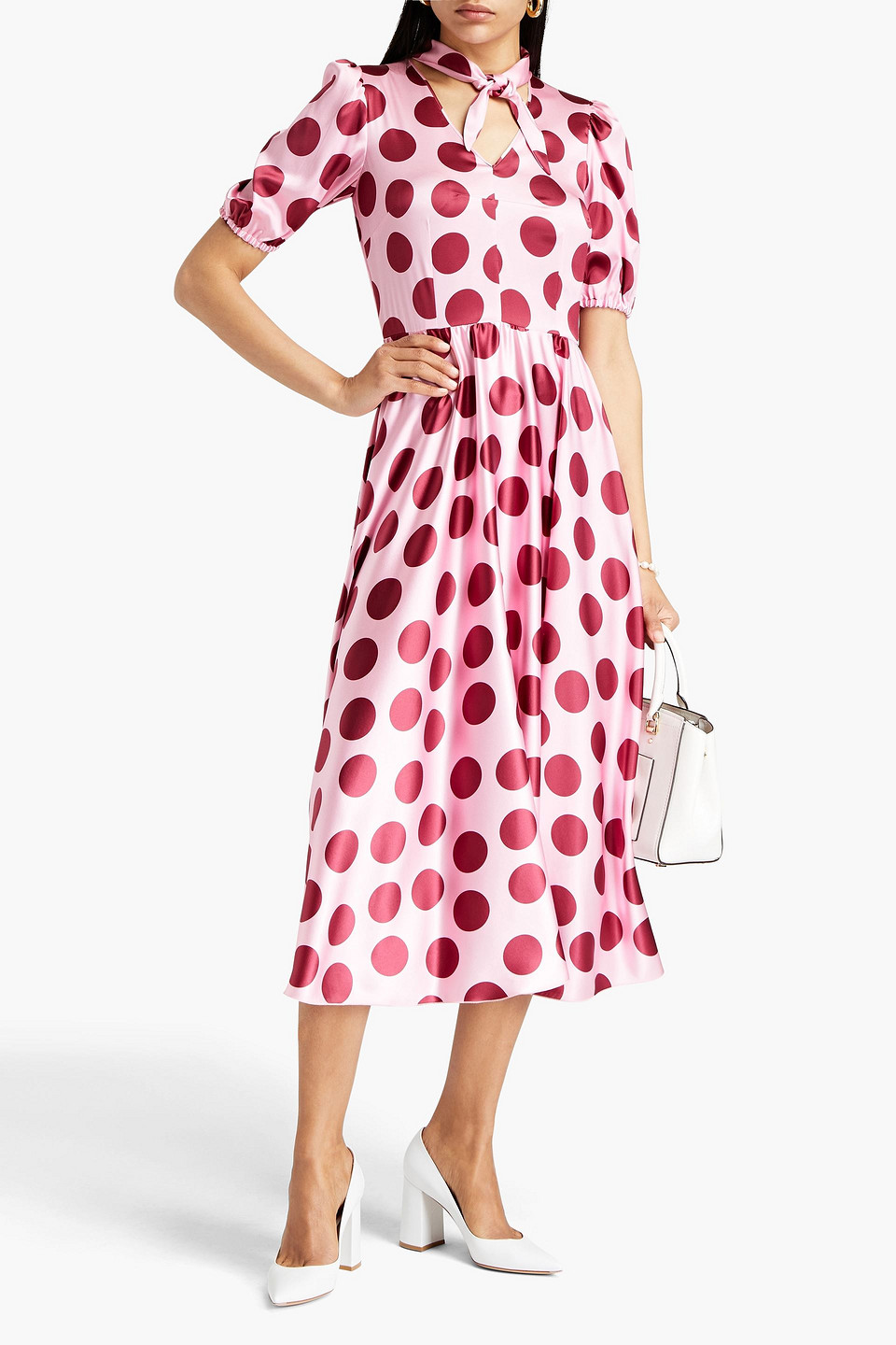 Dolce & Gabbana Tie-neck Polka-dot Silk-blend Satin Midi Dress In Pink