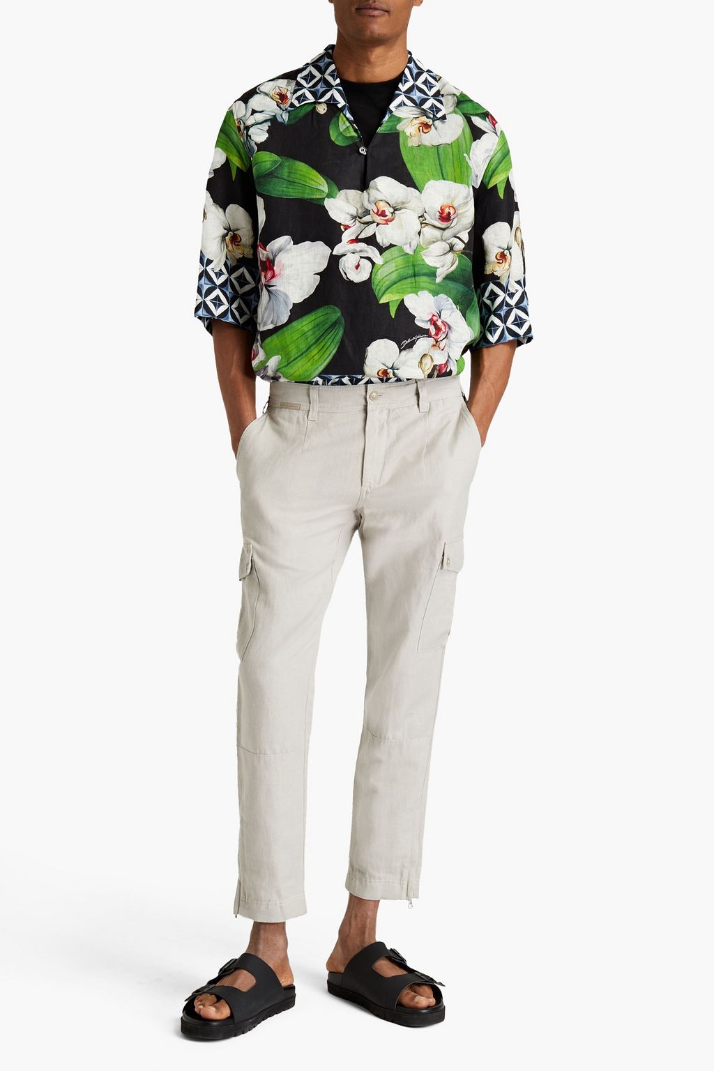 DOLCE&GABBANA Tapered logo-print linen and cotton-blend pants