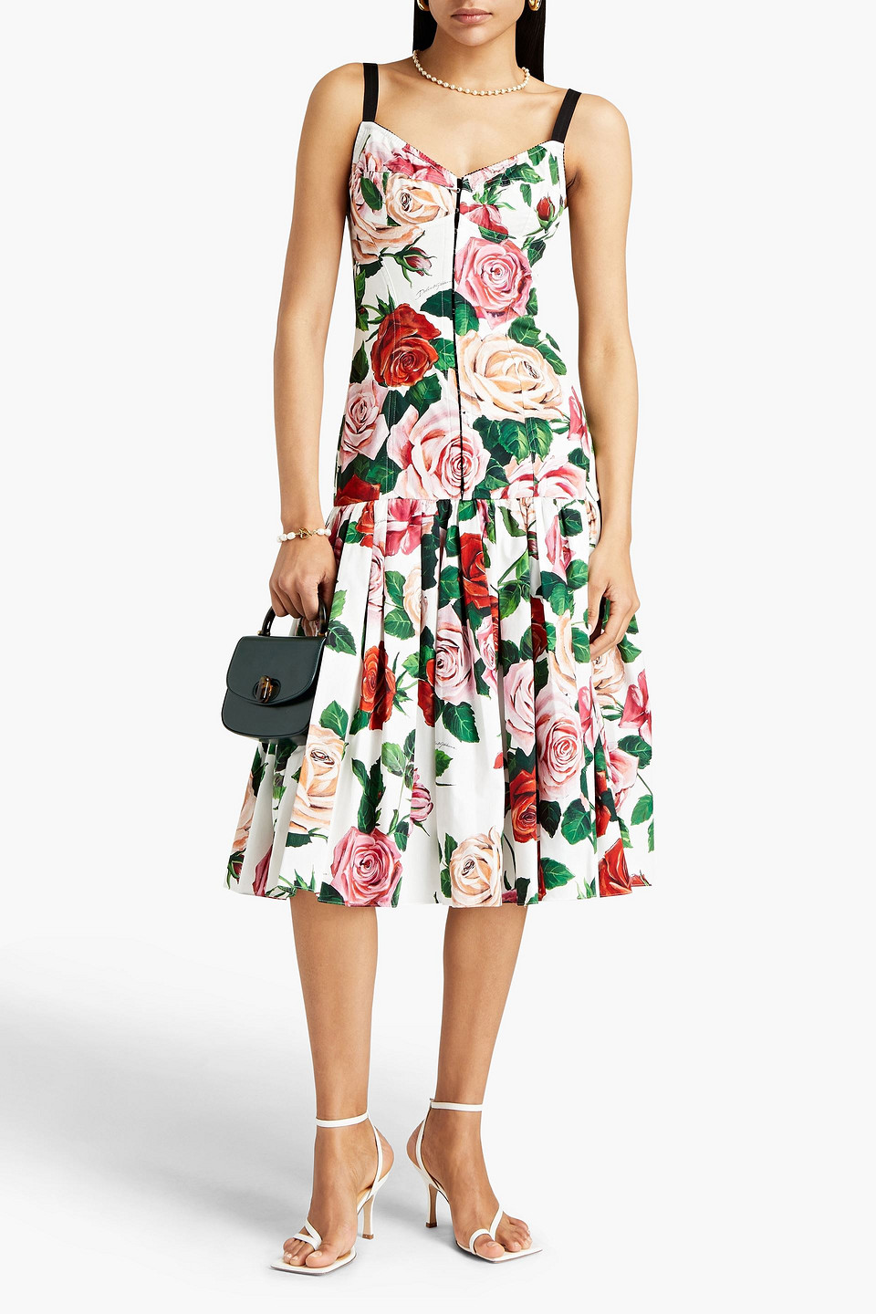 Dolce & Gabbana Pleated Floral-print Cotton-blend Midi Dress In White