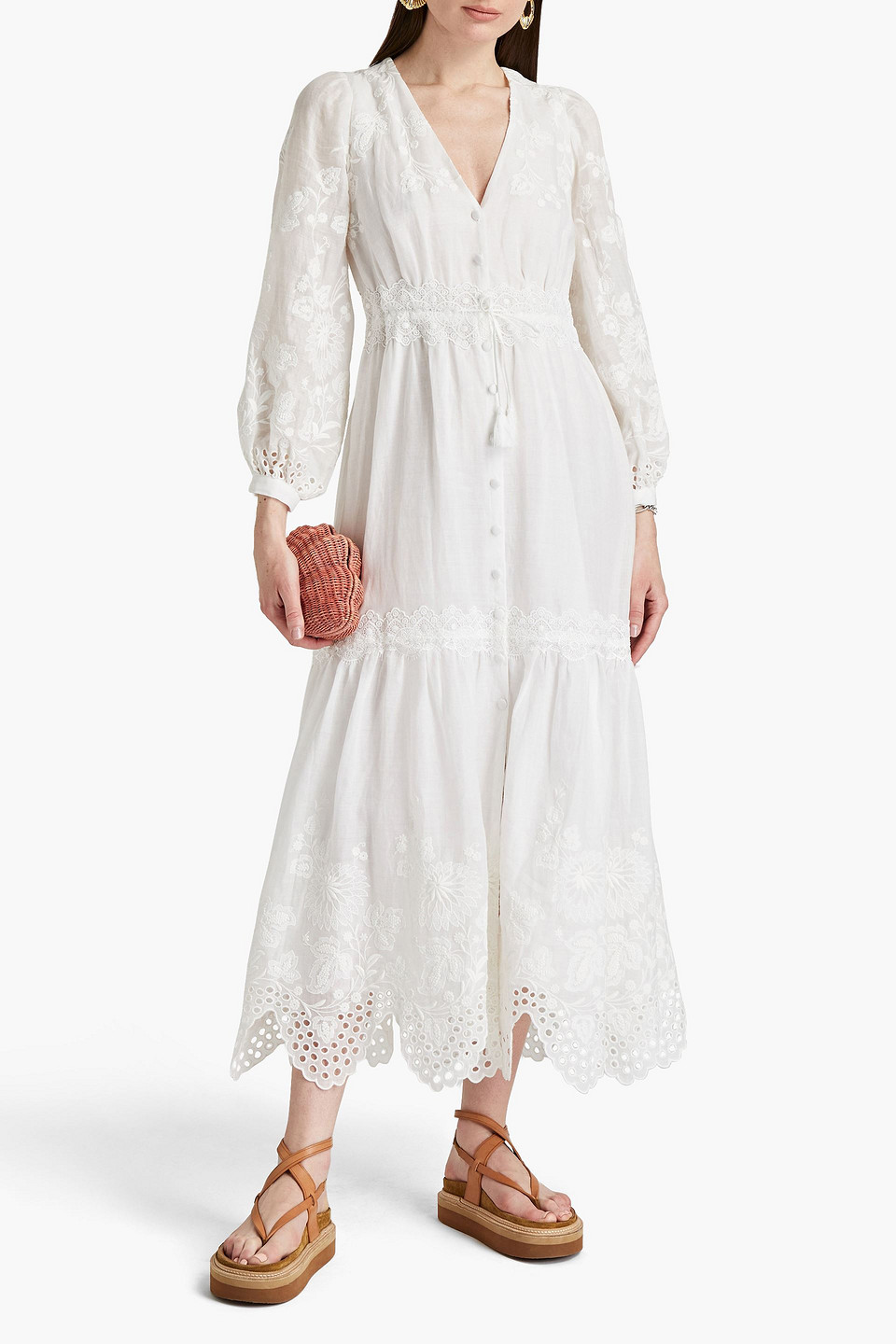 Vanessa Bruno Gathered Embroidered Ramie Midi Dress In Ecru