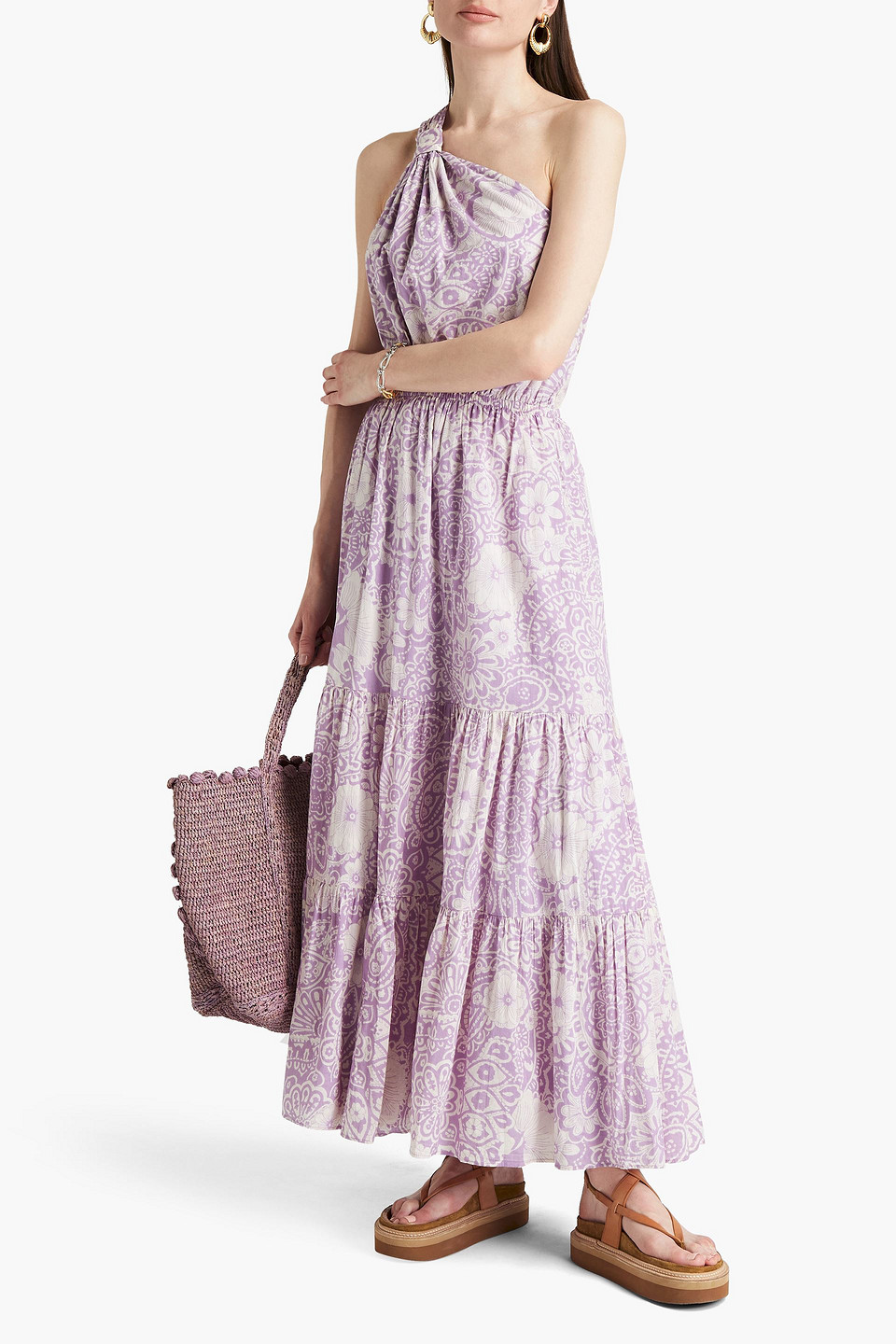 Vanessa Bruno One-shoulder Tiered Paisley-print Cotton-voile Maxi Dress In Lilac