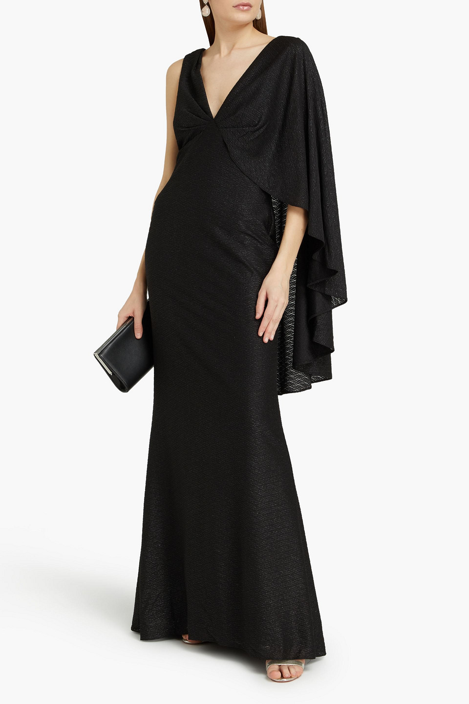 Aidan Mattox Cape-effect Metallic Jacquard Gown In Black