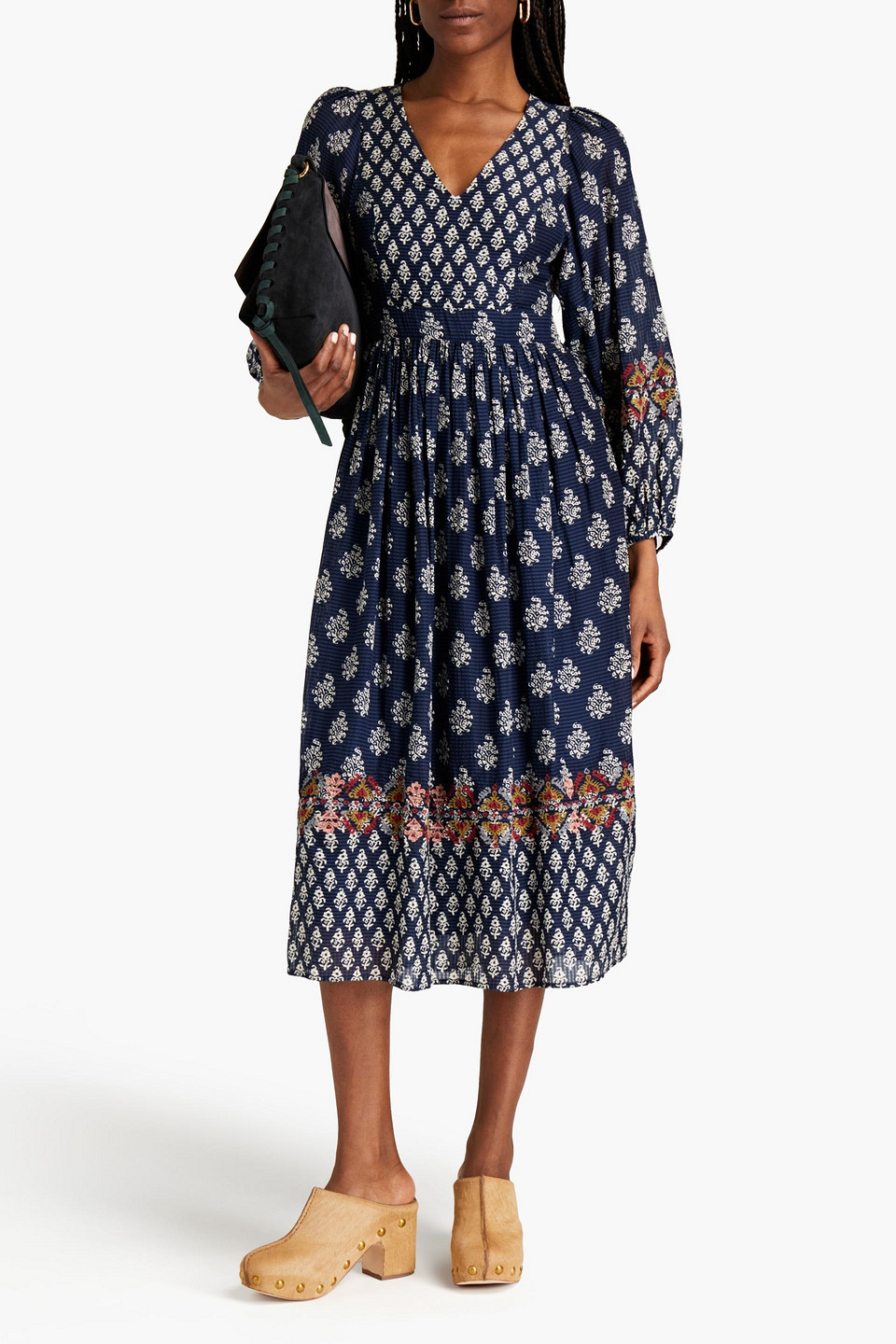 Vanessa Bruno Gathered Printed Seersucker Midi Dress In Navy