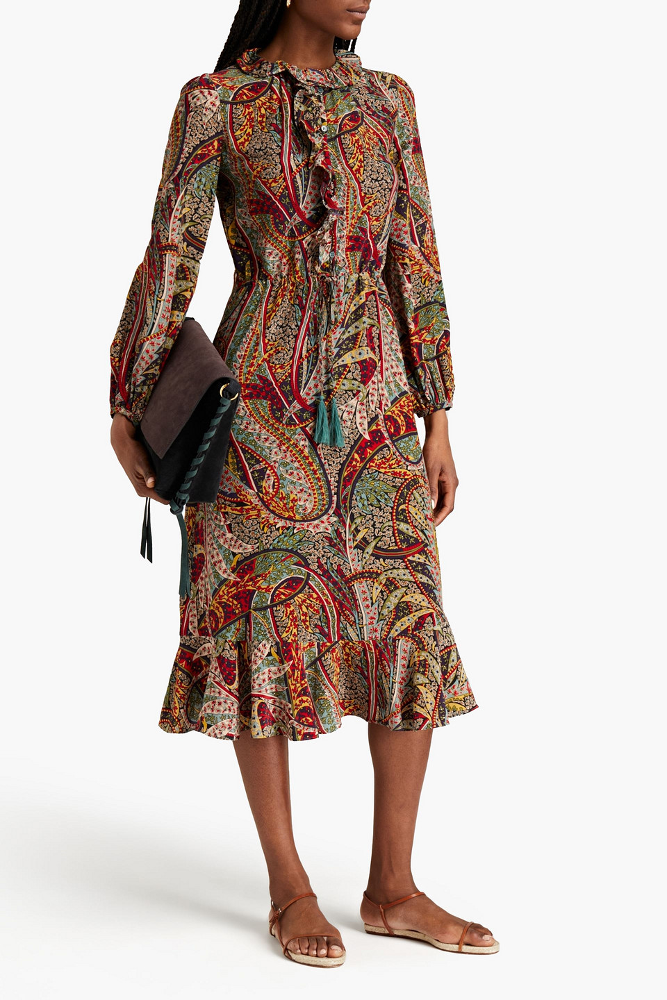 Vanessa Bruno Ruffled Printed Crepe De Chine Midi Dress In Multicolor