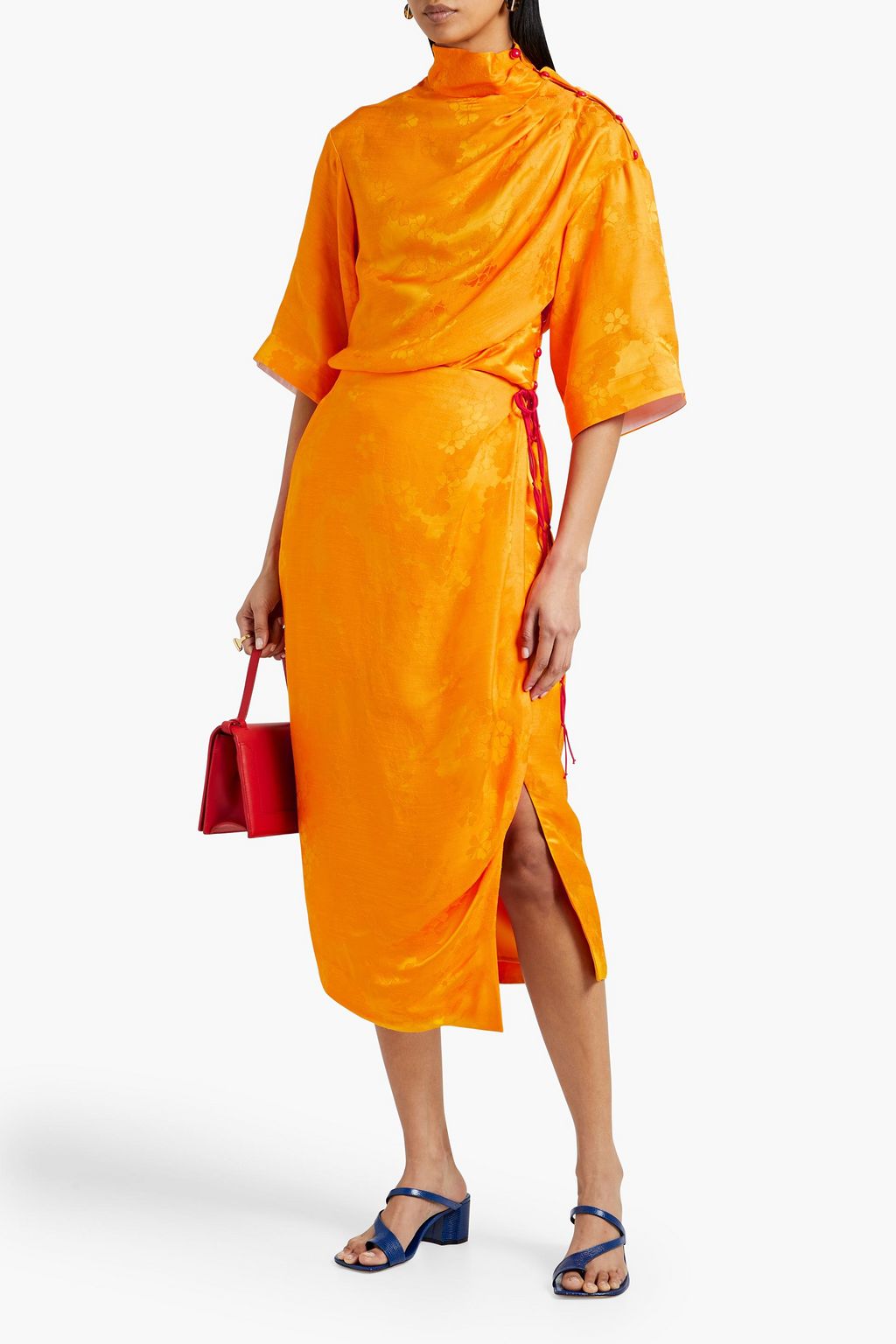 ROSIE ASSOULIN Bow-embellished draped floral-jacquard midi wrap skirt