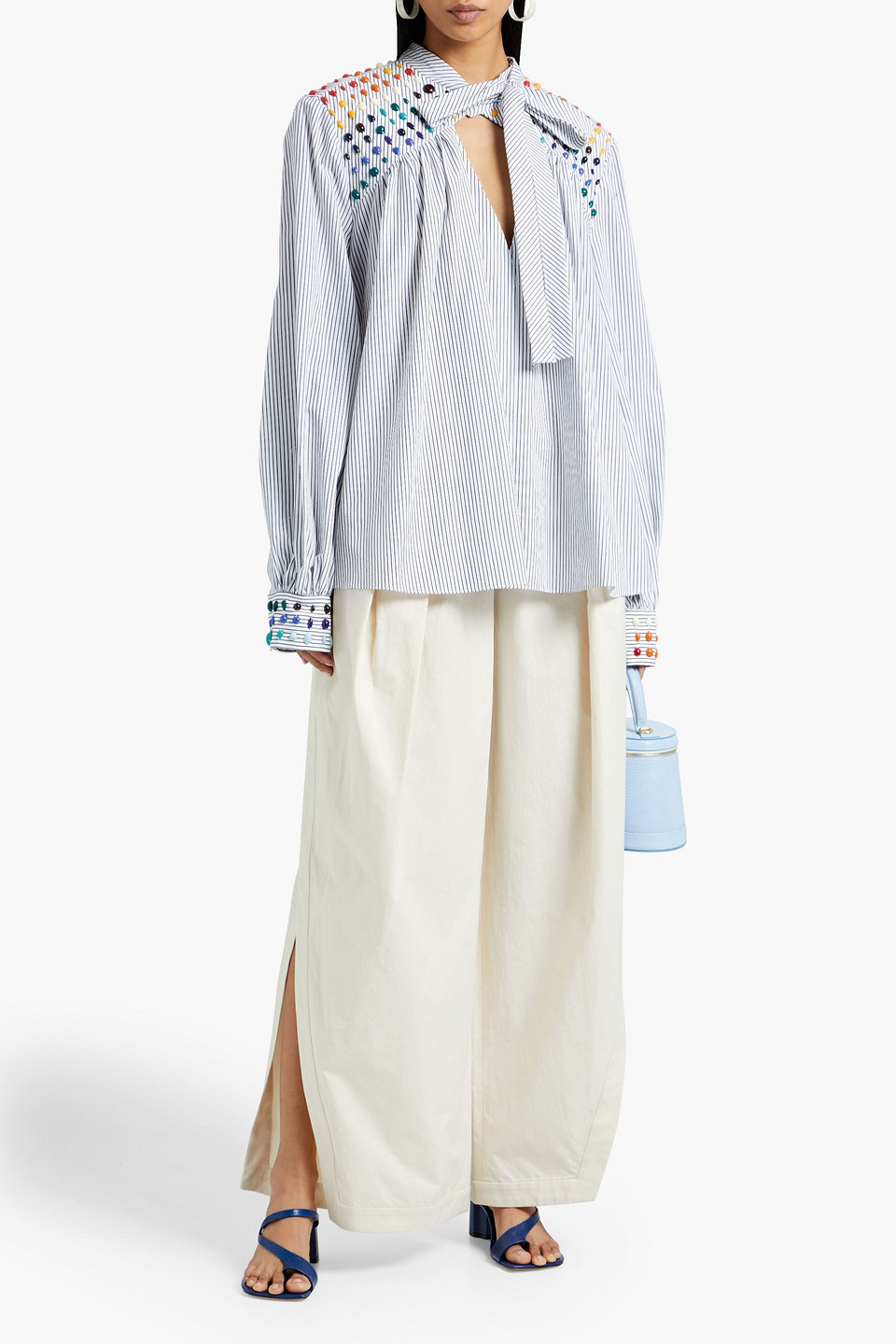ROSIE ASSOULIN PUSSY-BOW BEAD-EMBELLISHED STRIPED COTTON-POPLIN BLOUSE 3074457345630319560