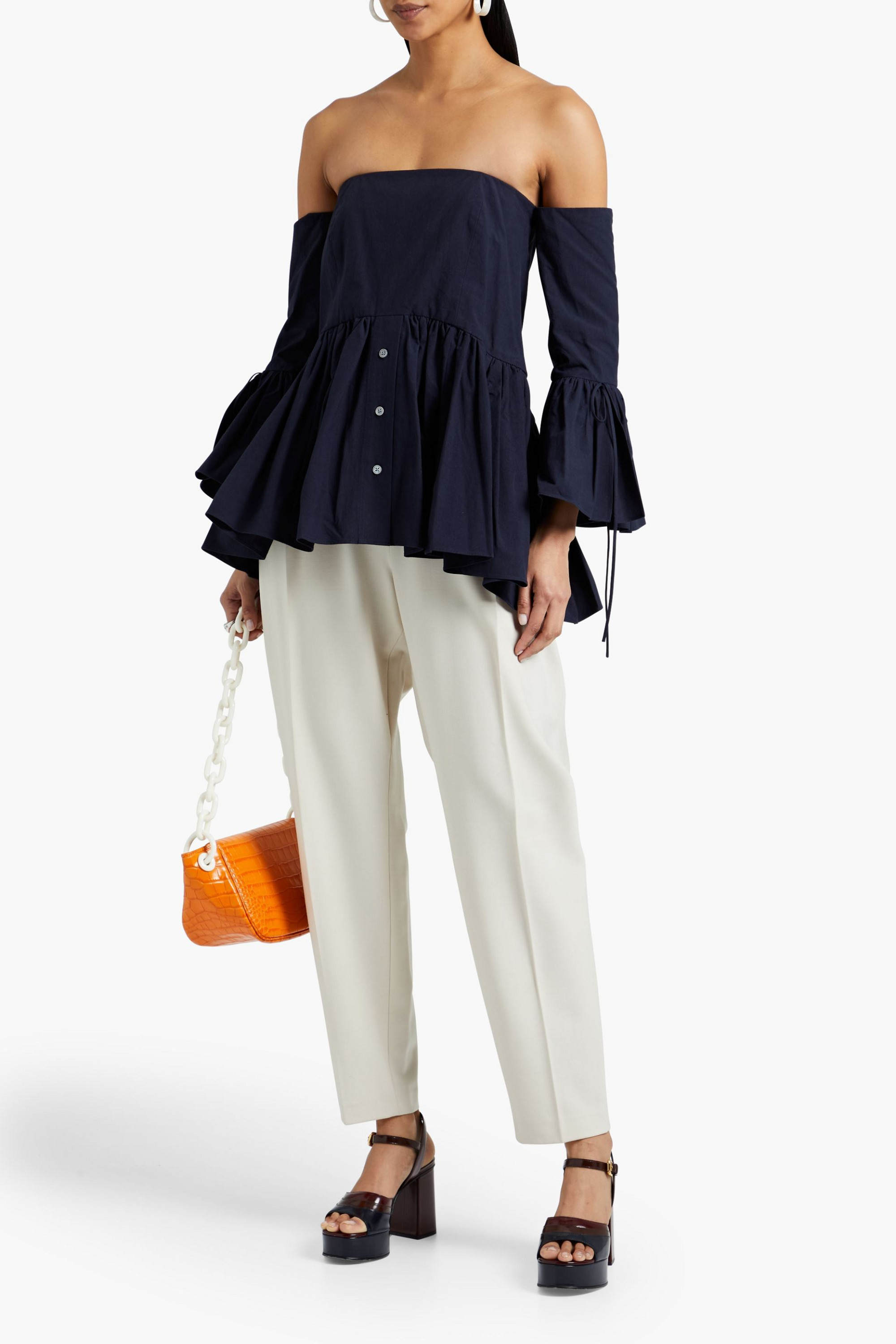 Rosie Assoulin Court off-the-shoulder gathered cotton-poplin top