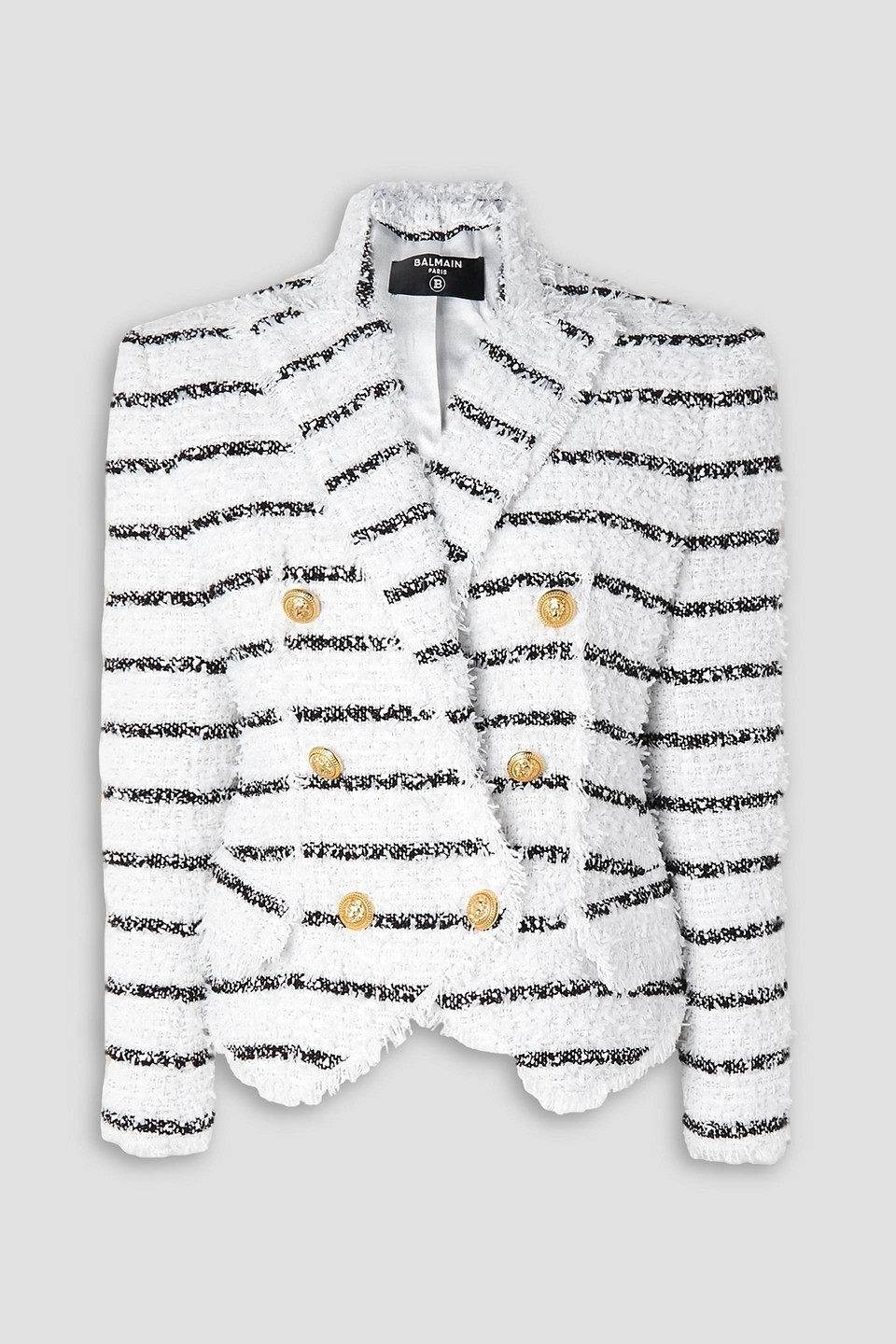 Balmain Cotton Blend Tweed Striped Button Blazer In White Black