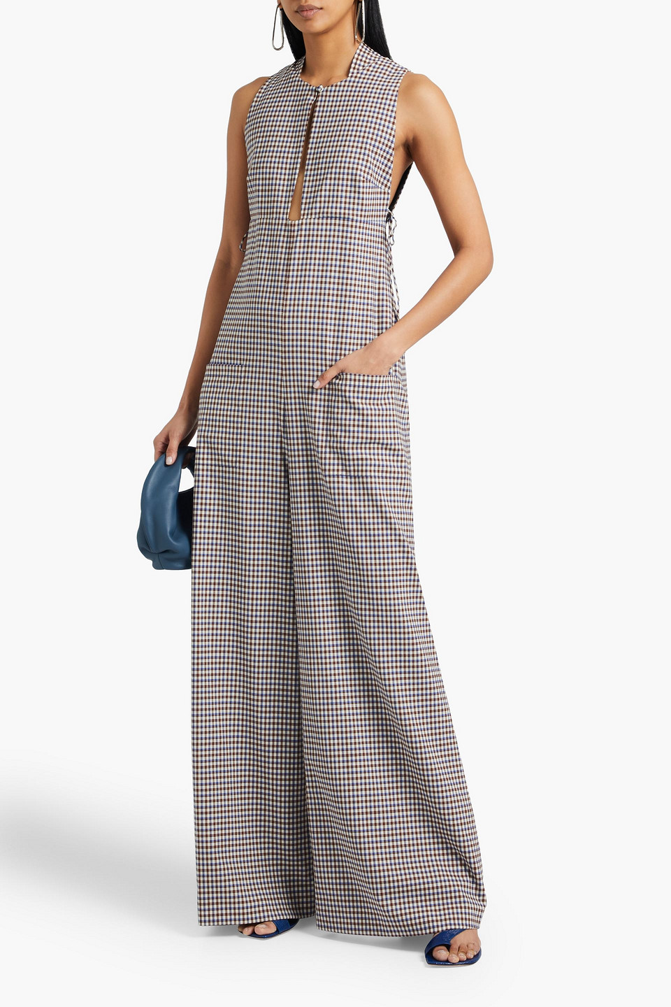 Rosie Assoulin Checked Wool-blend Wide-leg Jumpsuit In Brown