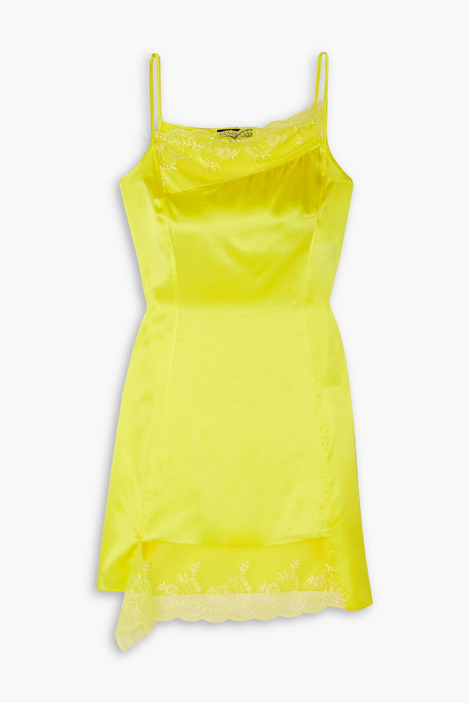 Shop Meryll Rogge Asymmetric Lace-trimmed Silk-charmeuse Mini Dress In Bright Yellow