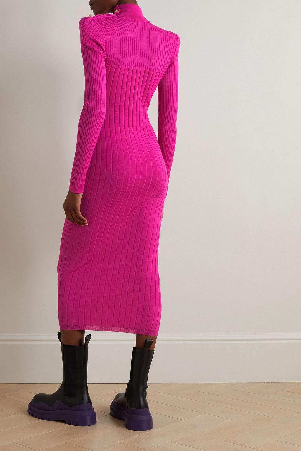BALMAIN Button-embellished ribbed wool midi dress