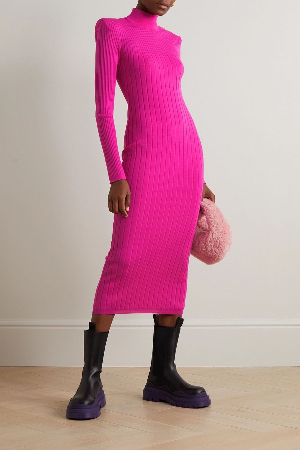 BALMAIN Button-embellished ribbed wool midi dress