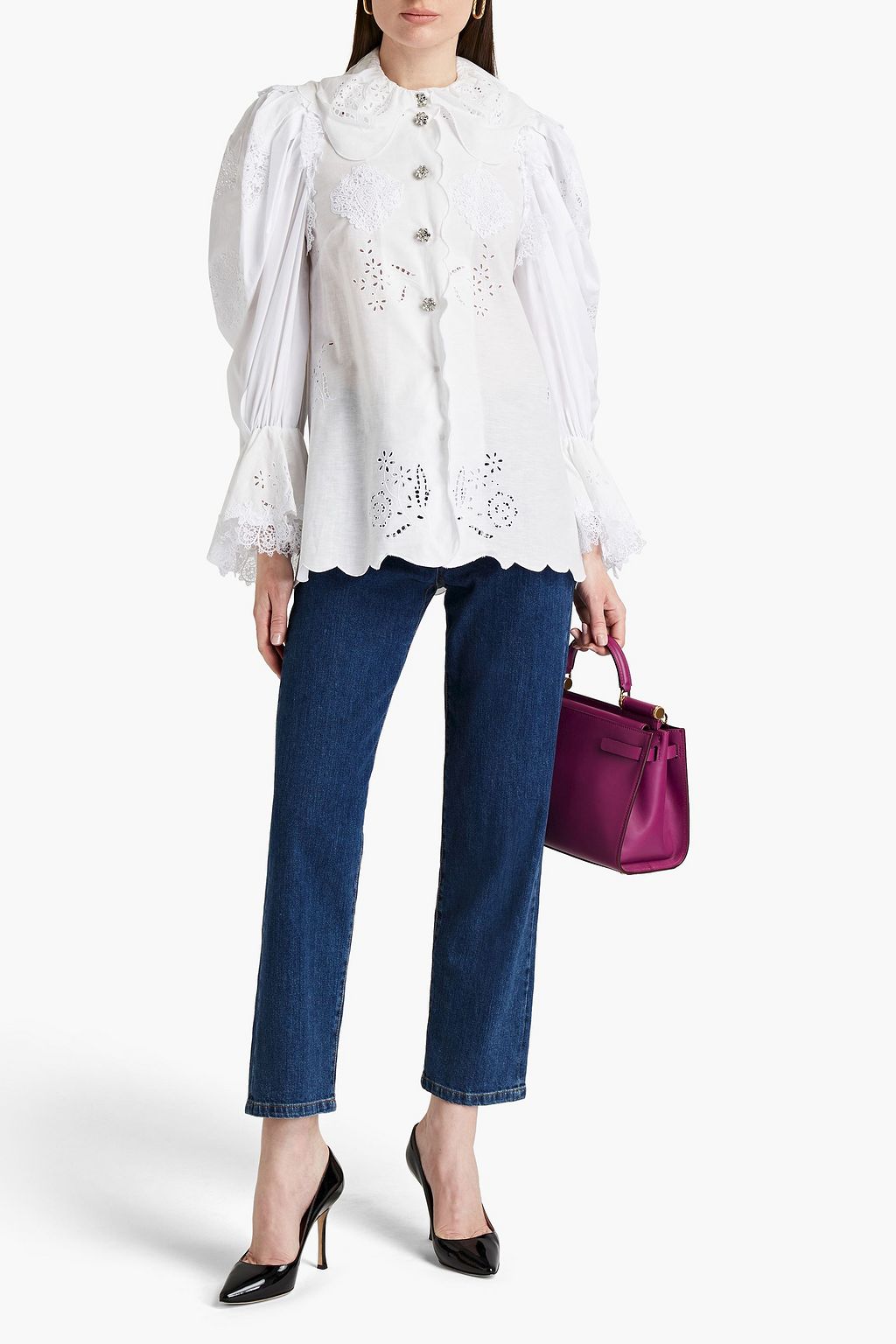 DOLCE & GABBANA Gathered broderie anglaise cotton-blend blouse