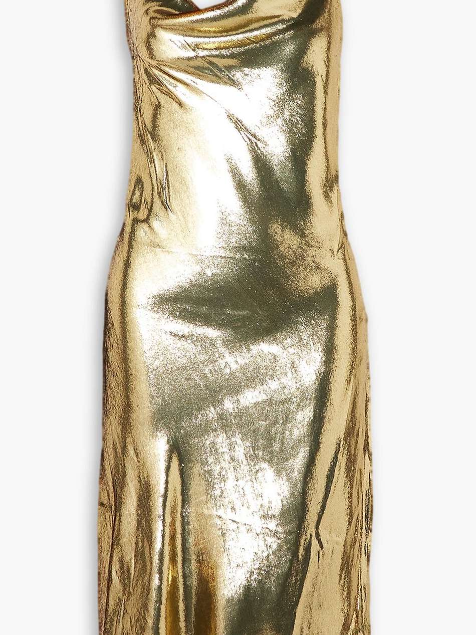 alena draped metallic lamé midi dress