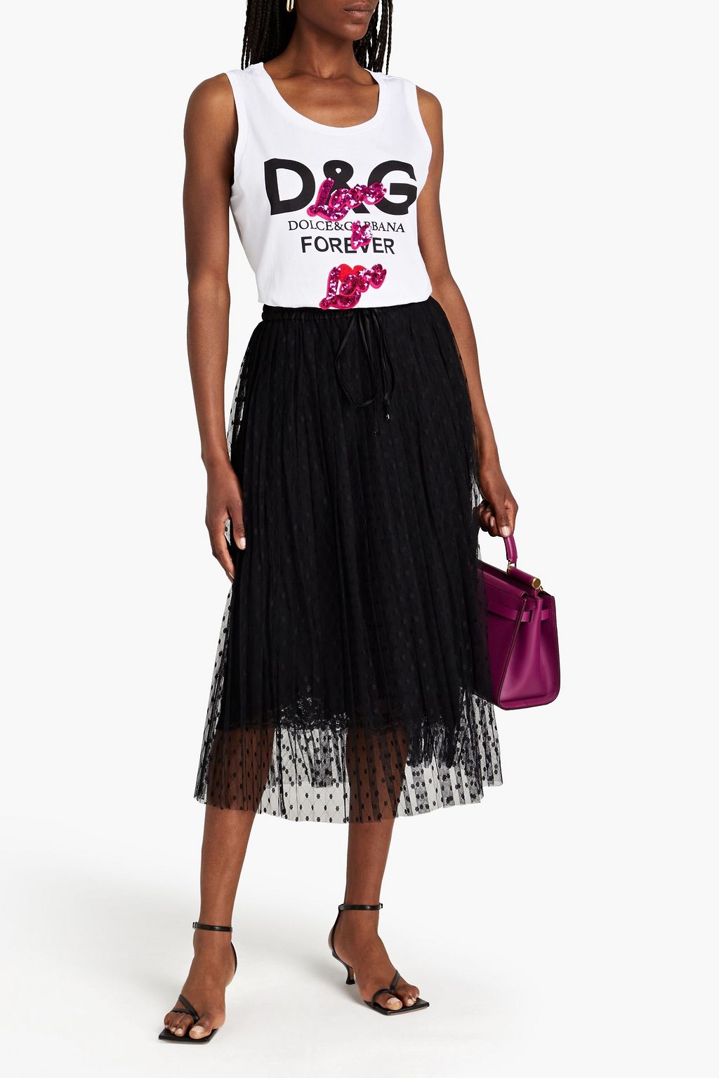 DOLCE&GABBANA Layered point d'esprit and satin midi skirt