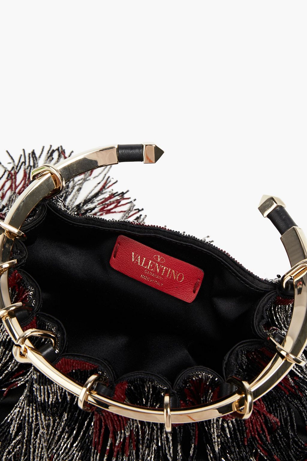 VALENTINO GARAVANI Bebop Loop fringed beaded satin clutch
