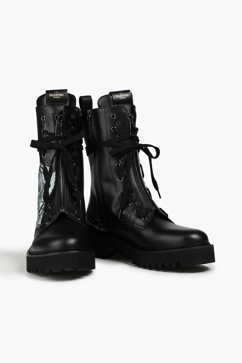 Valentino Garavani Studded Printed Leather Combat Boots In Black