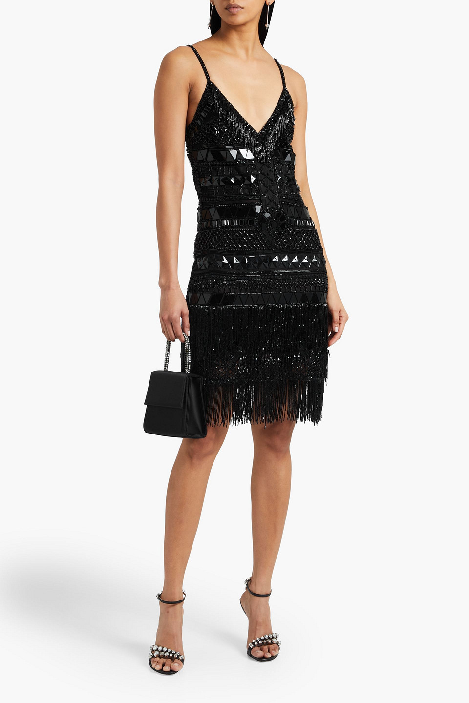 Dundas Fringed Beaded Tulle Mini Dress In Black