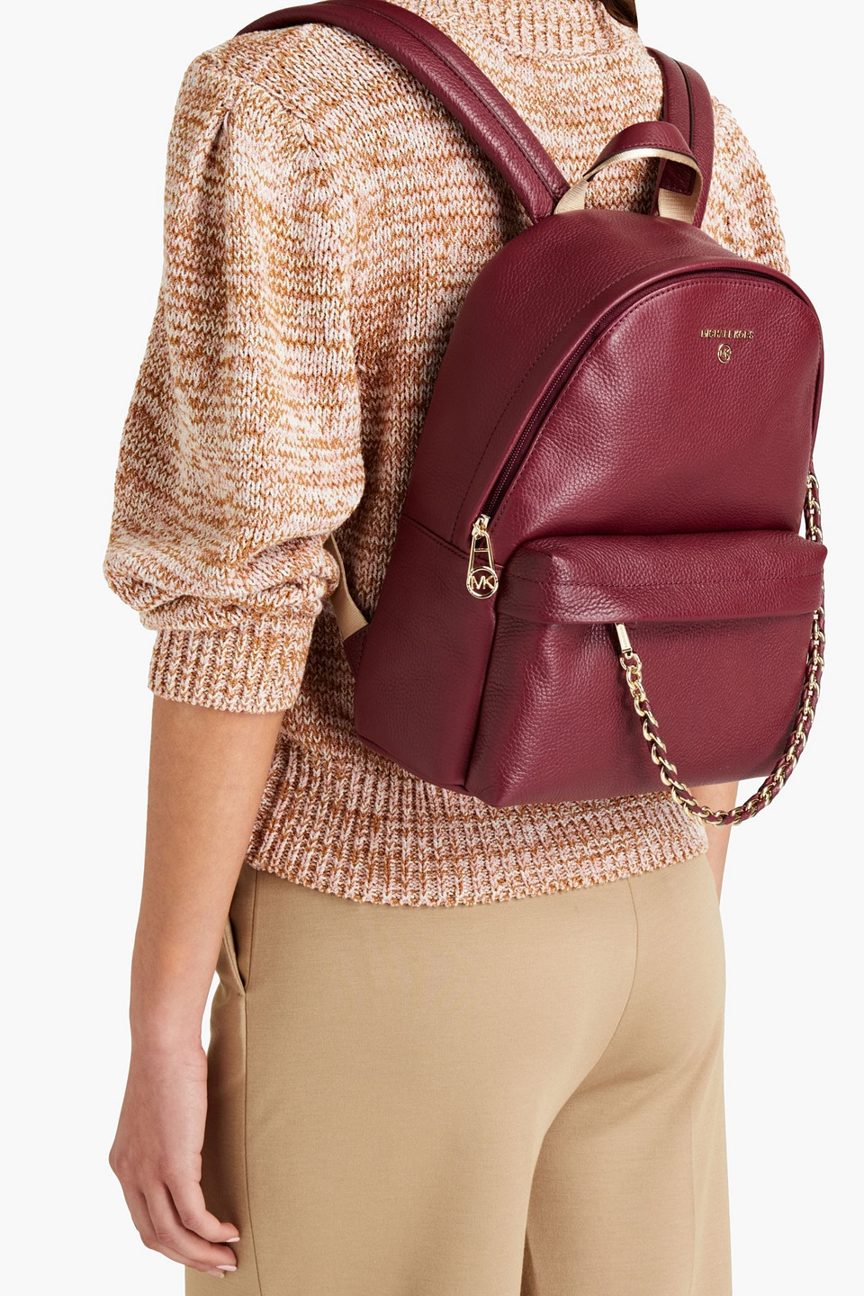 Michael Michael Kors Slater Chain-embellished Pebbled-leather Backpack In Burgundy