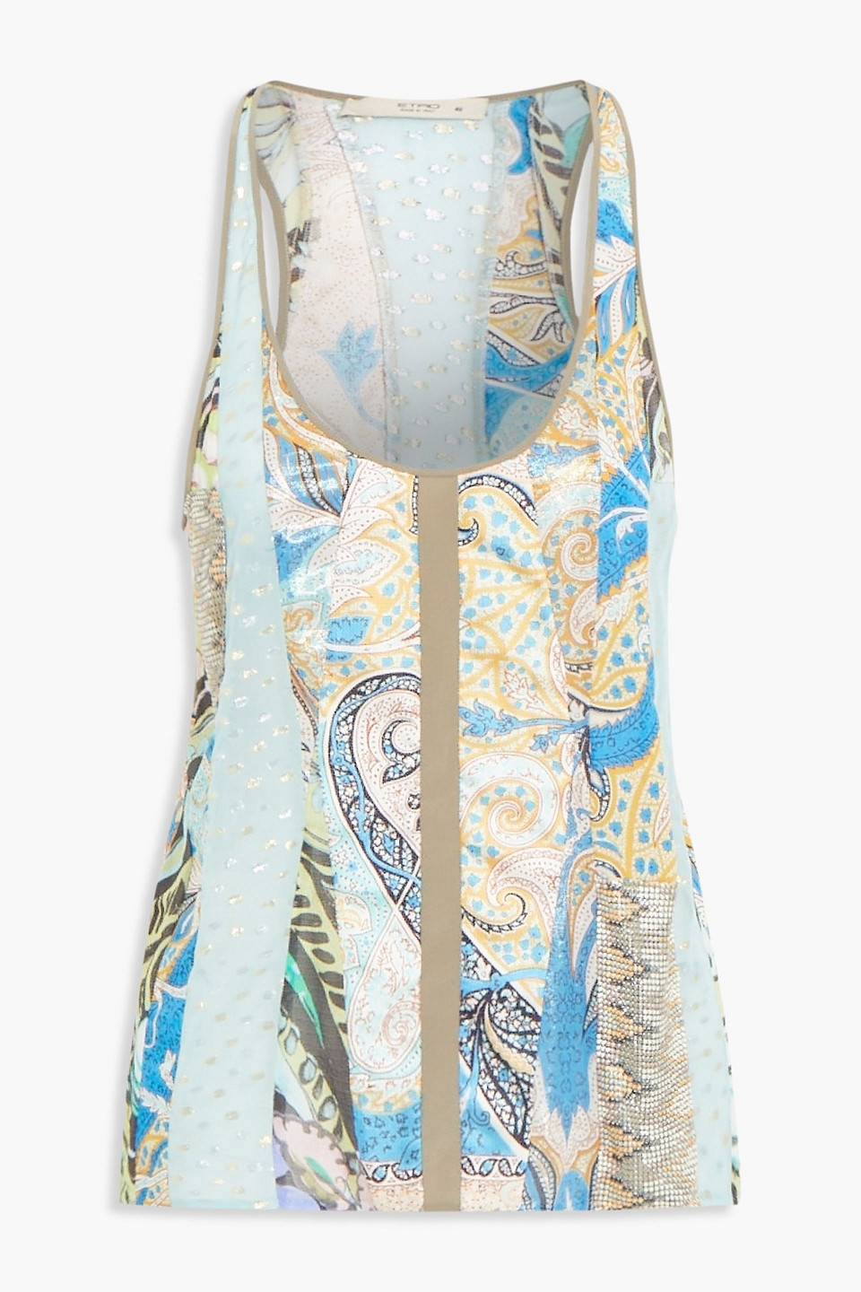 Embellished metallic fil coupé chiffon and printed silk-blend tank