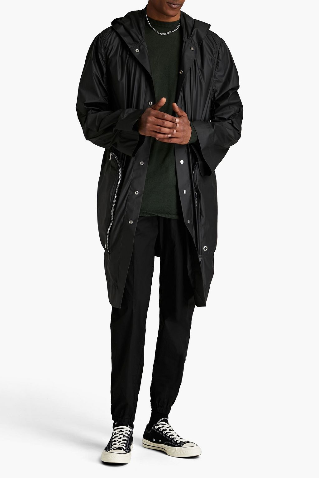 RICK OWENS Leather-paneled shell hooded raincoat