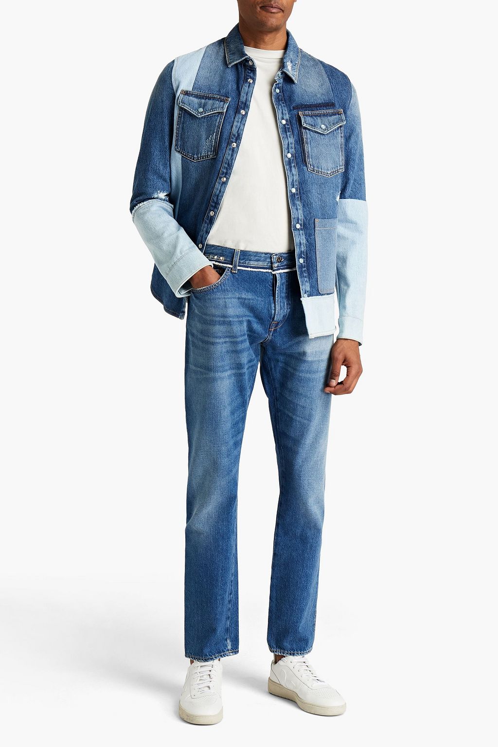 VALENTINO Slim-fit studded whiskered denim jeans
