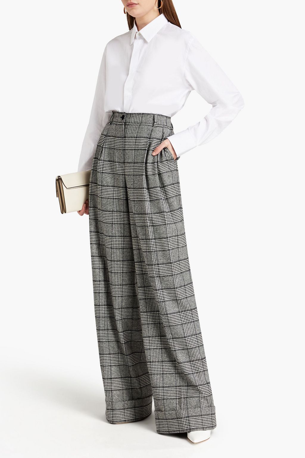 DOLCE&GABBANA Pleated Prince of Wales checked tweed wide-leg pants
