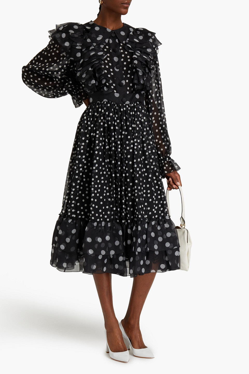 Dolce & Gabbana Ruffled Polka-dot Silk-chiffon And Organza Midi Dress In Black