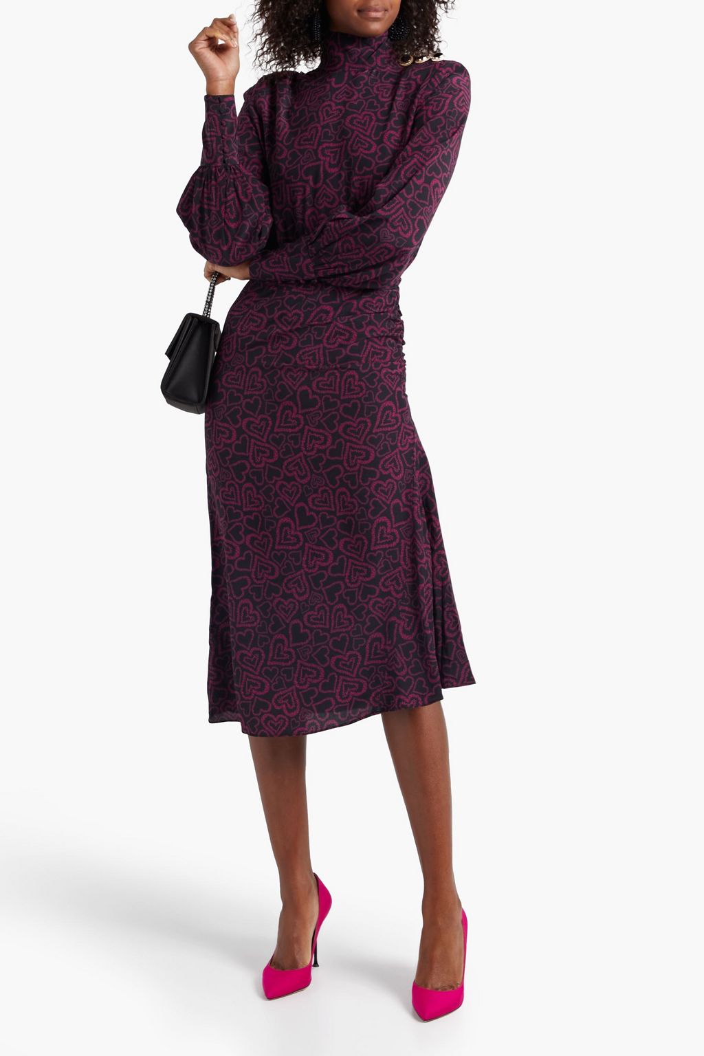 REBECCA VALLANCE Mazie button-detailed ruched printed silk dress