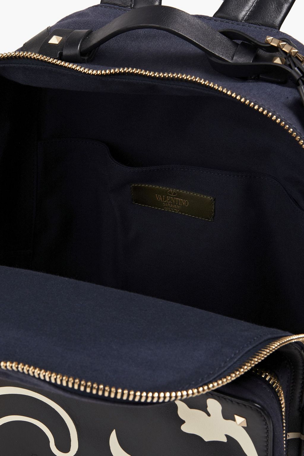 VALENTINO GARAVANI Studded printed leather-paneled canvas backpack