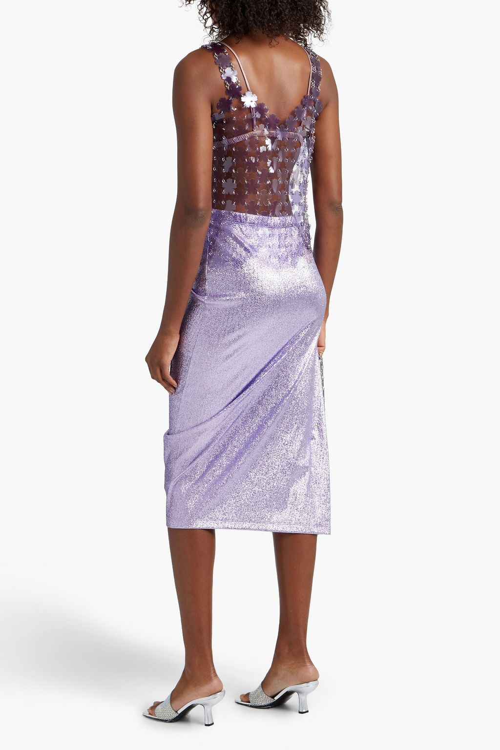 RABANNE Asymmetric gathered metallic stretch-knit midi skirt